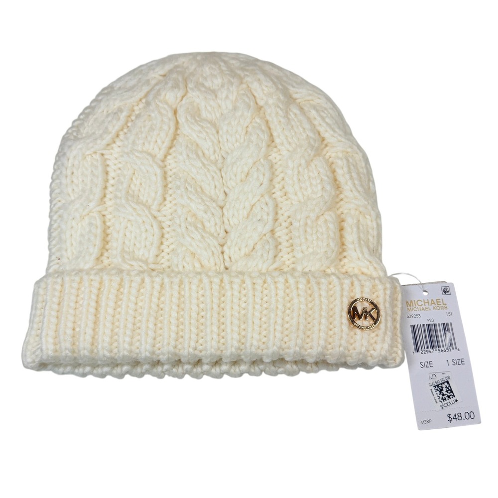 Michael Kors Beanie Women One Size Cream Cable Knit Gold Logo Winter Hat NWT